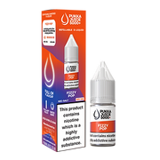 Packaging for Pukka Juice 5000+ Nic Salt E-Liquid featuring two small glass bottles with dropper caps, one labeled 'Fizzy Pop' and the other with a generic image. The box is orange with text detailing product information.